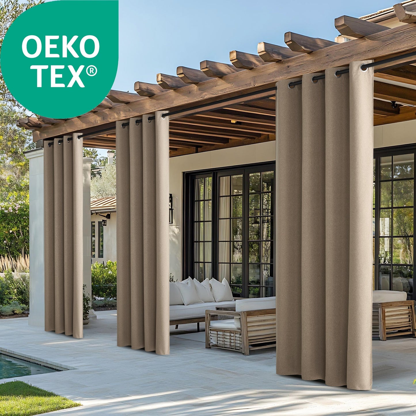 OEKO-TEX Outdoor 100% Blackout Waterproof Faux Linen Outdoor Curtains 2 Panels | Outdoor Linen