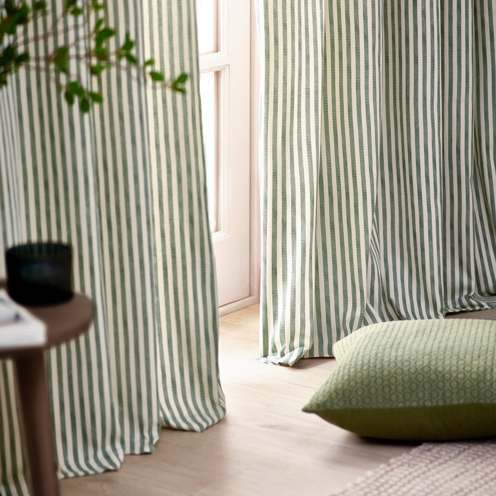 Hebden Striped 100% Cotton Lined Pencil Pleat Curtains Forest Green