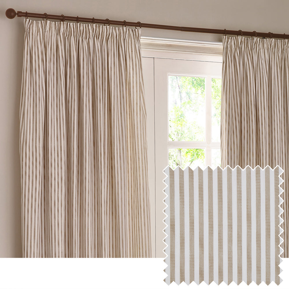 Hebden Striped 100% Cotton Lined Pencil Pleat Curtains Natural