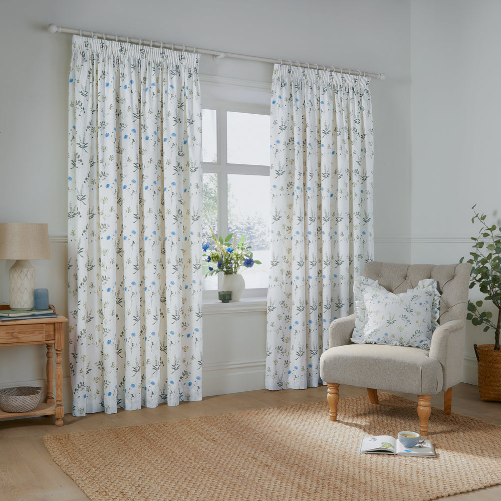 Meadow Floral 100% Cotton Lined Pencil Pleat Curtains White/Cornflower