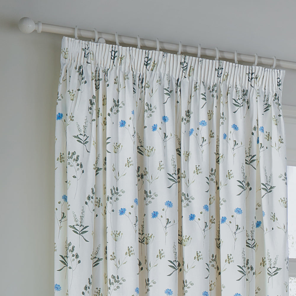 Meadow Floral 100% Cotton Lined Pencil Pleat Curtains White/Cornflower