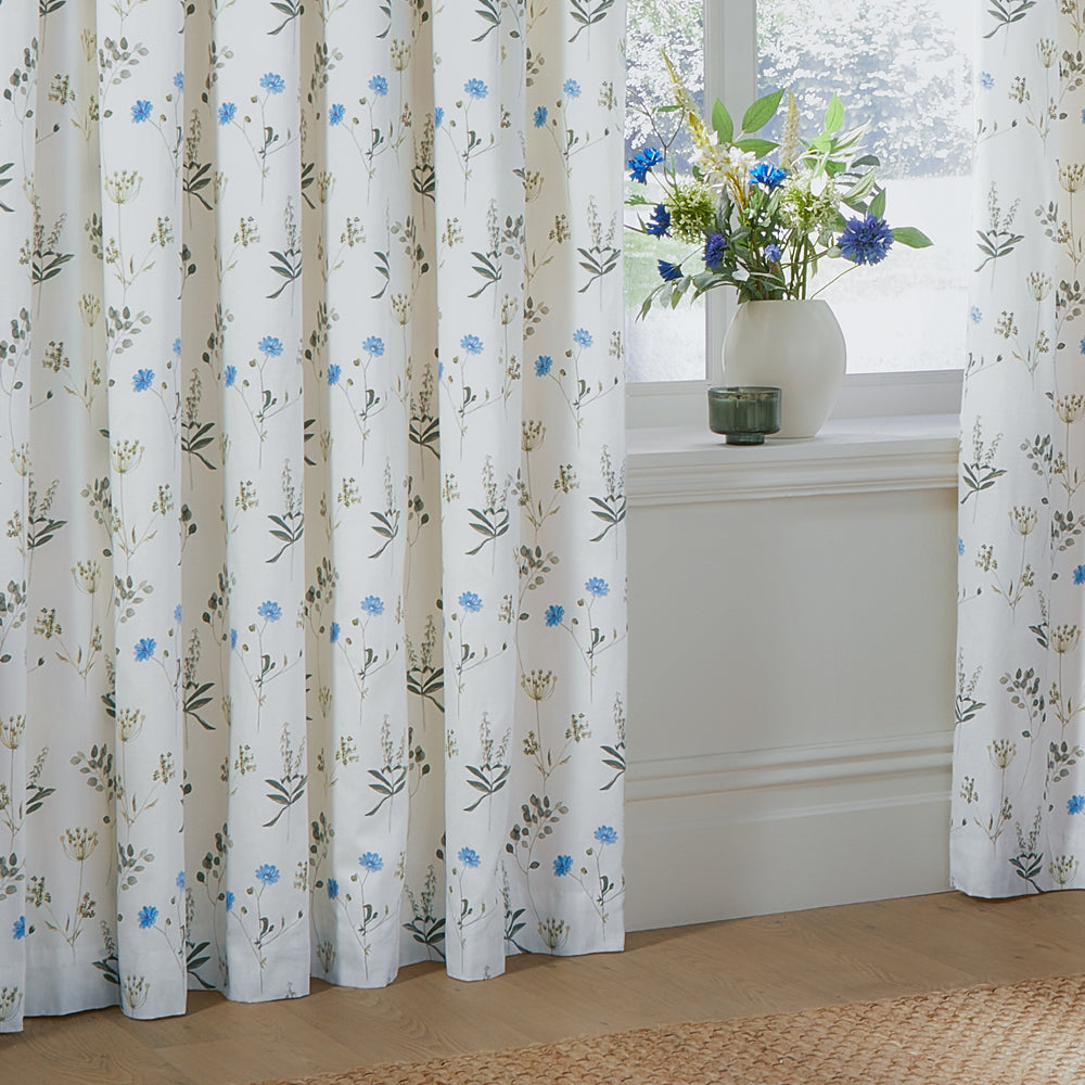 Meadow Floral 100% Cotton Lined Pencil Pleat Curtains White/Cornflower