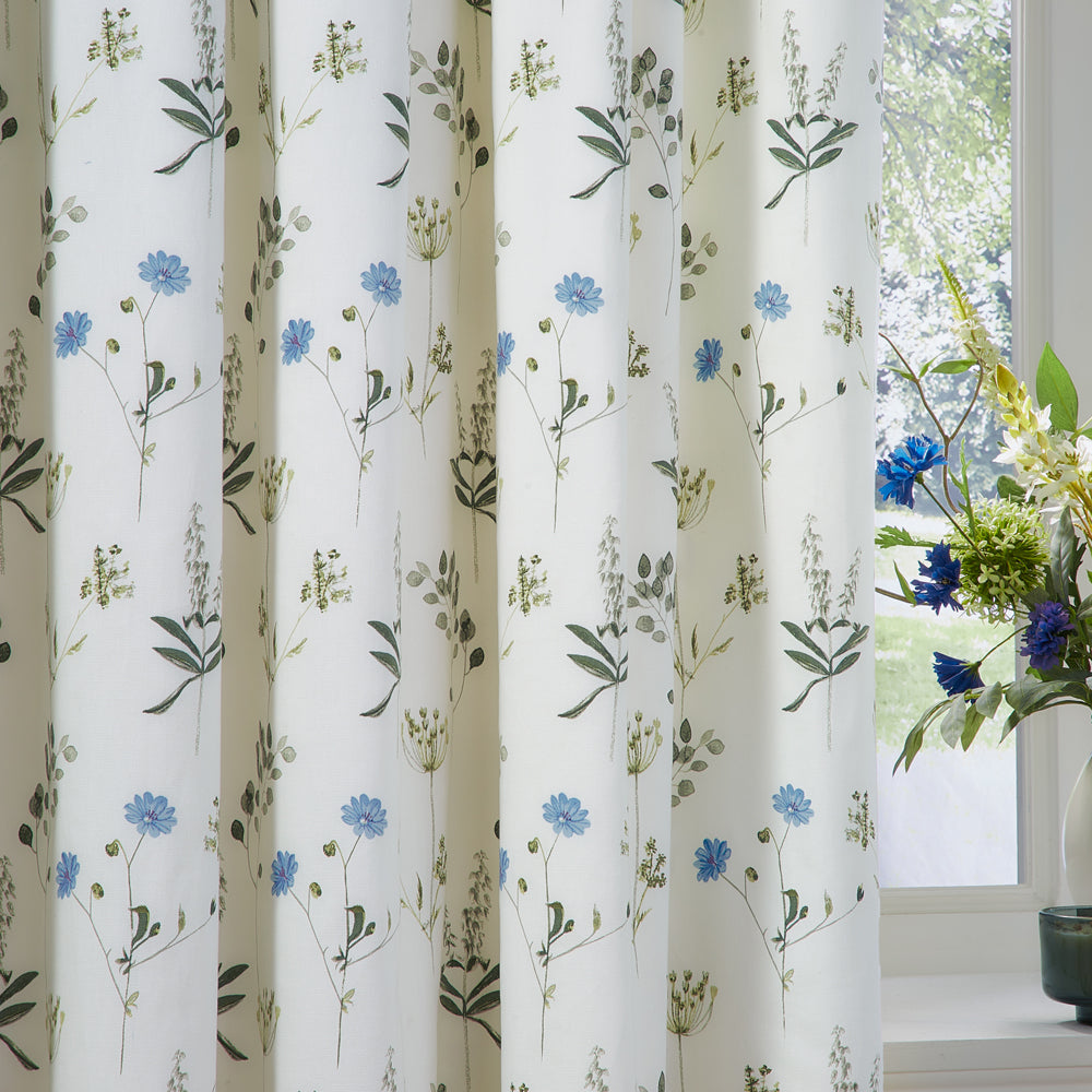 Meadow Floral 100% Cotton Lined Pencil Pleat Curtains White/Cornflower