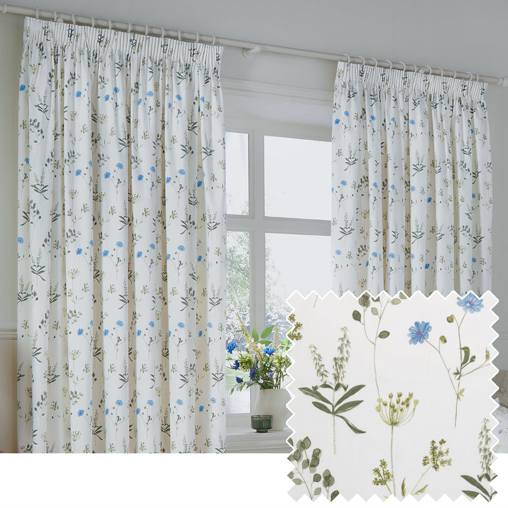 Meadow Floral 100% Cotton Lined Pencil Pleat Curtains White/Cornflower