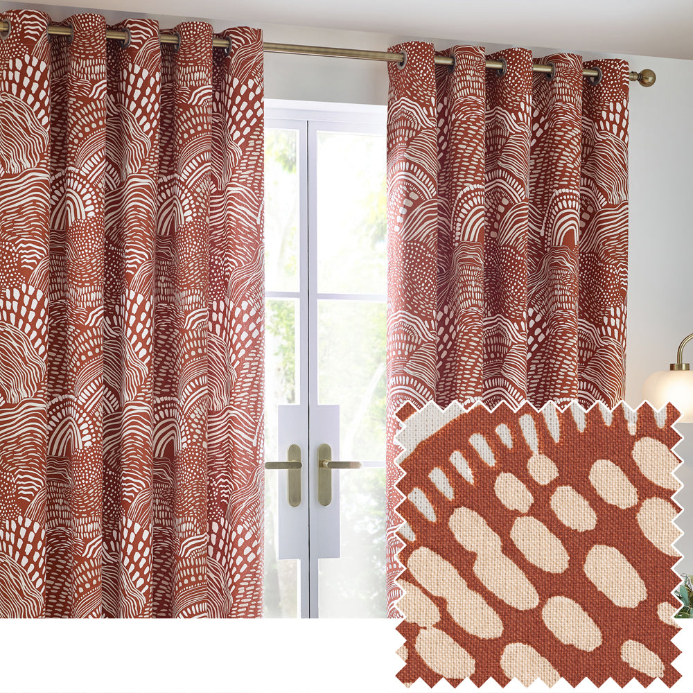 Nola Abstract 100% Cotton Lined Curtains Chestnut