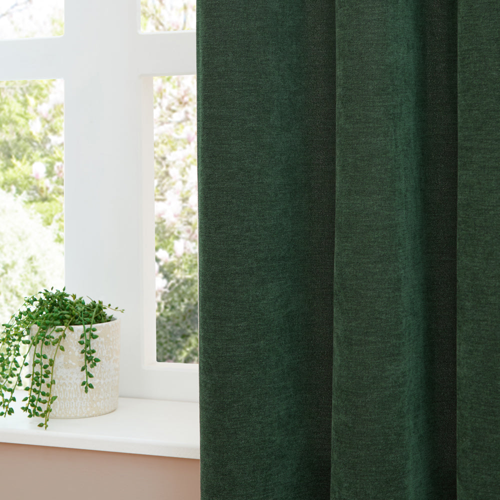 Soft Chenille Blackout Pencil Pleat Curtains Bottle Green