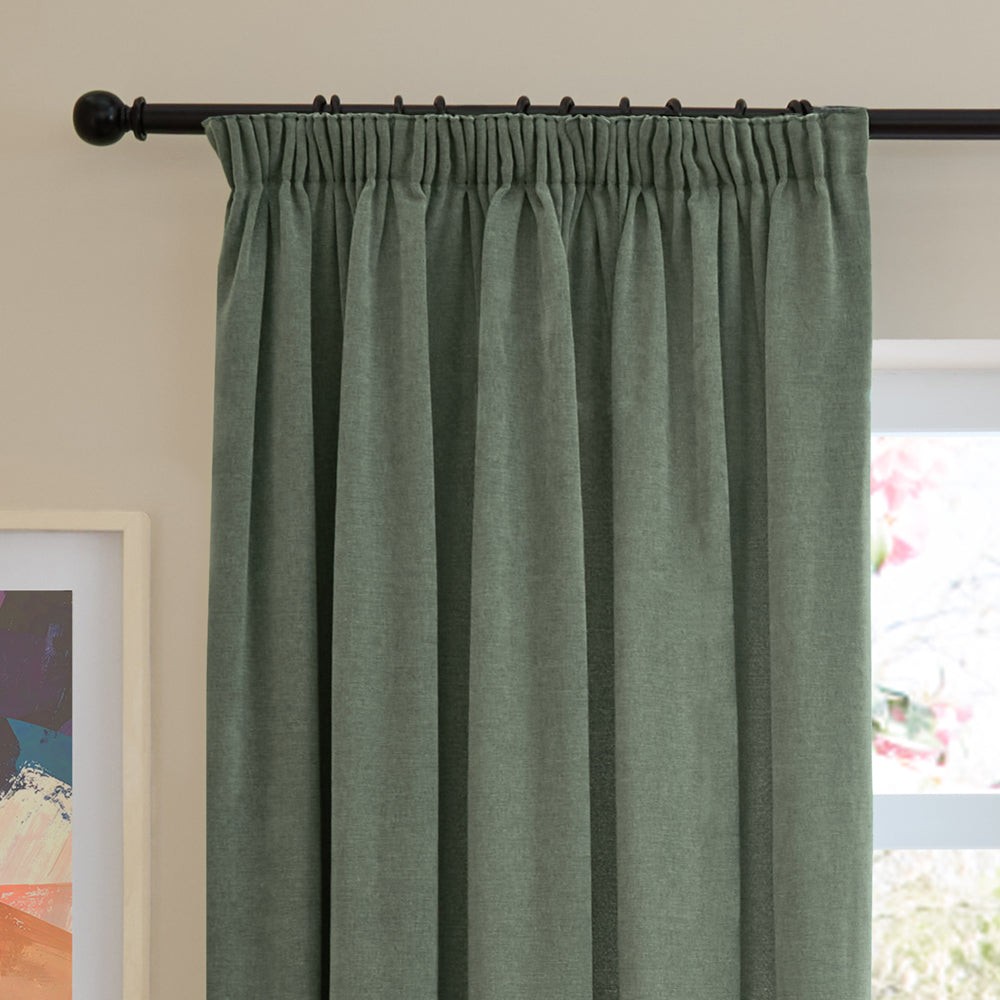 Soft Chenille Blackout Pencil Pleat Curtains Green