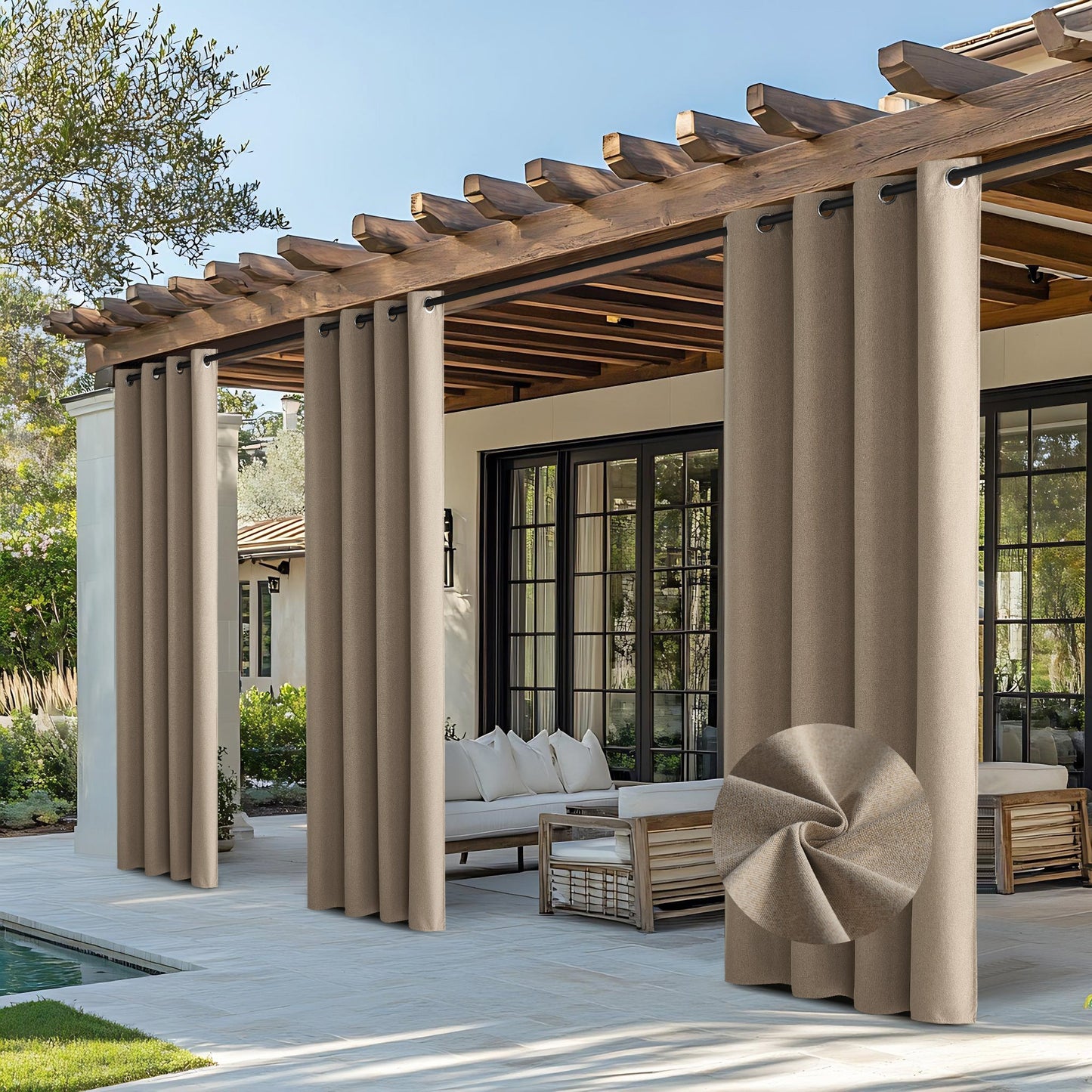 OEKO-TEX Outdoor 100% Blackout Waterproof Faux Linen Outdoor Curtains 2 Panels | Outdoor Linen