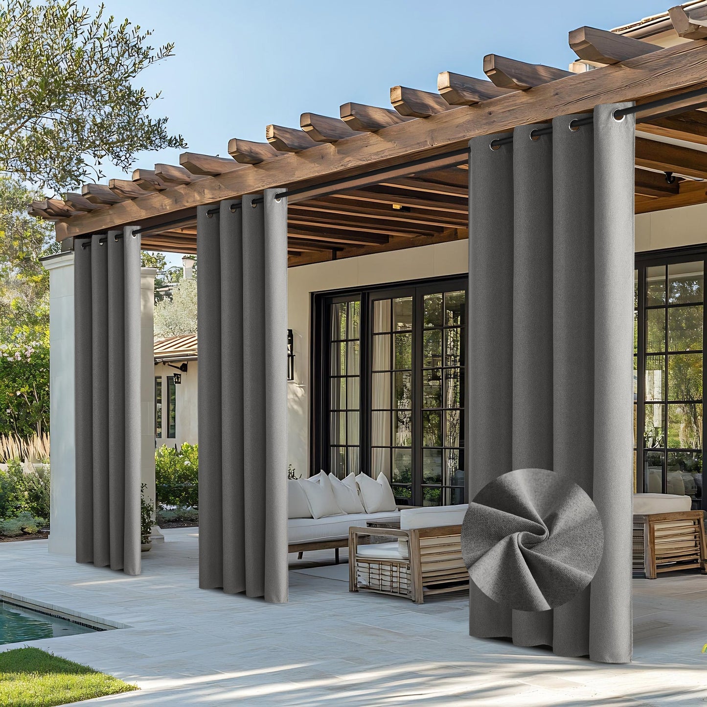 OEKO-TEX Outdoor 100% Blackout Waterproof Faux Linen Outdoor Curtains 2 Panels | Outdoor Linen