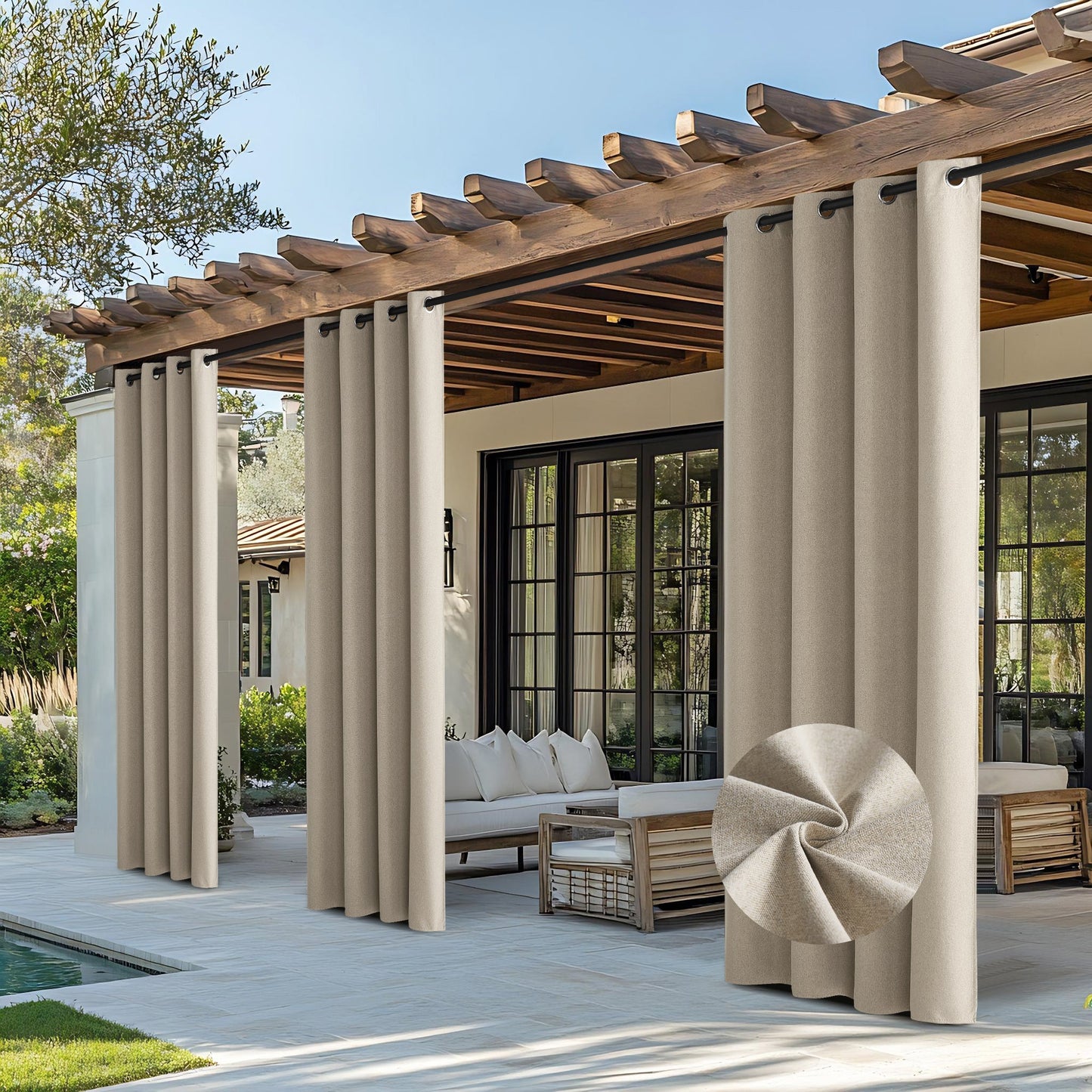 OEKO-TEX Outdoor 100% Blackout Waterproof Faux Linen Outdoor Curtains 2 Panels | Outdoor Linen