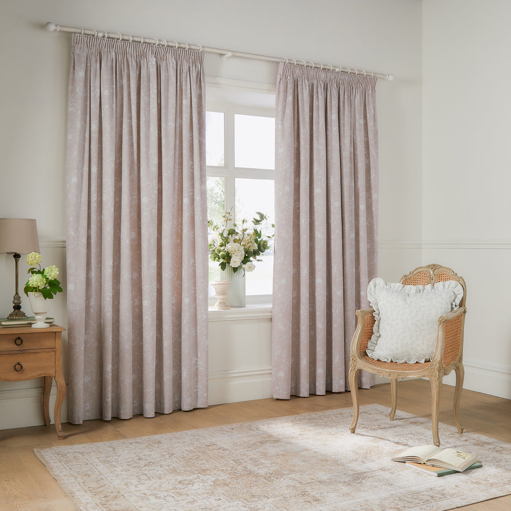 Bella Floral 100% Cotton Lined Pencil Pleat Curtains Natural