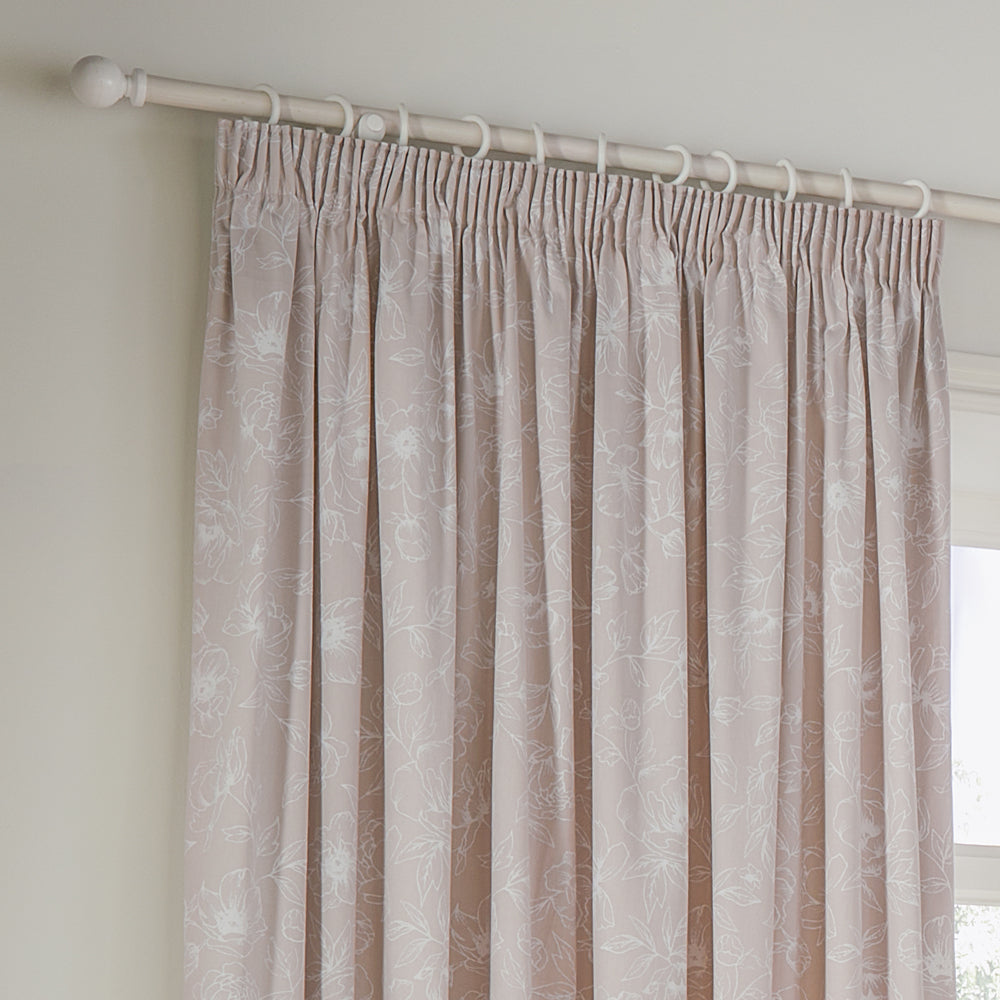 Bella Floral 100% Cotton Lined Pencil Pleat Curtains Natural