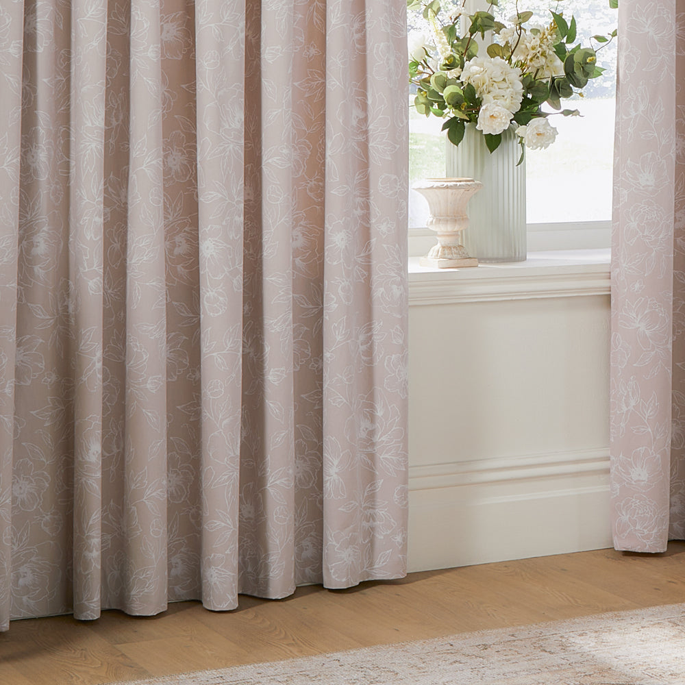 Bella Floral 100% Cotton Lined Pencil Pleat Curtains Natural
