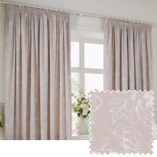Bella Floral 100% Cotton Lined Pencil Pleat Curtains Natural