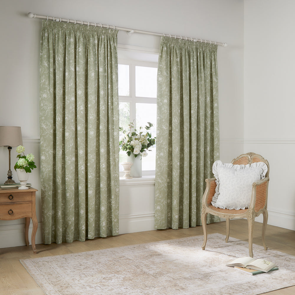 Bella Floral 100% Cotton Lined Pencil Pleat Curtains Sage