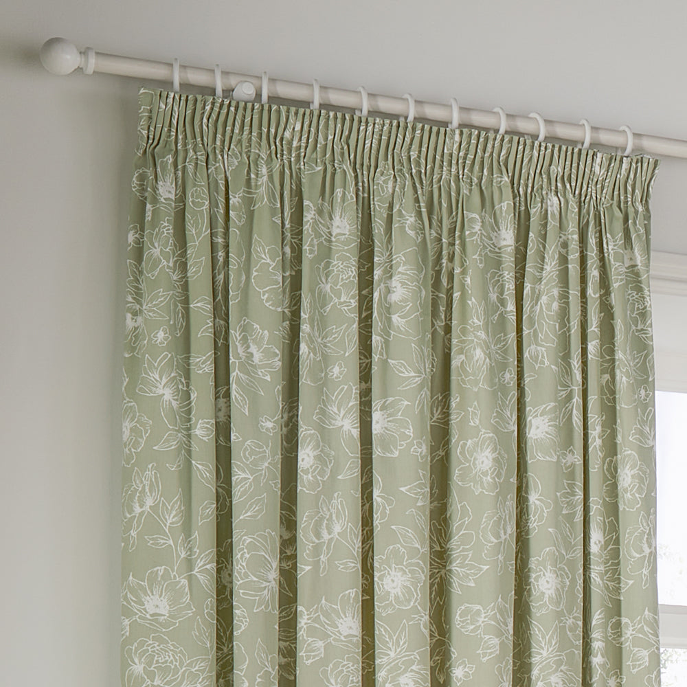 Bella Floral 100% Cotton Lined Pencil Pleat Curtains Sage