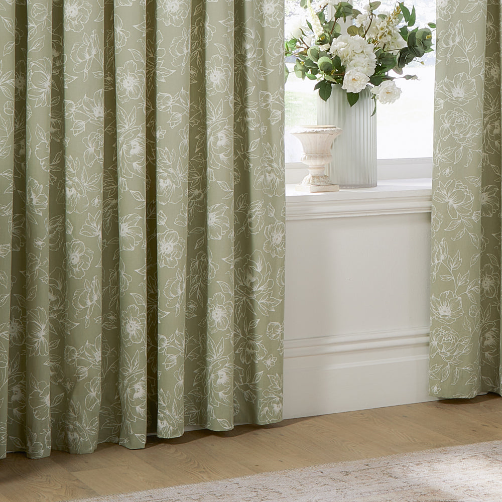 Bella Floral 100% Cotton Lined Pencil Pleat Curtains Sage
