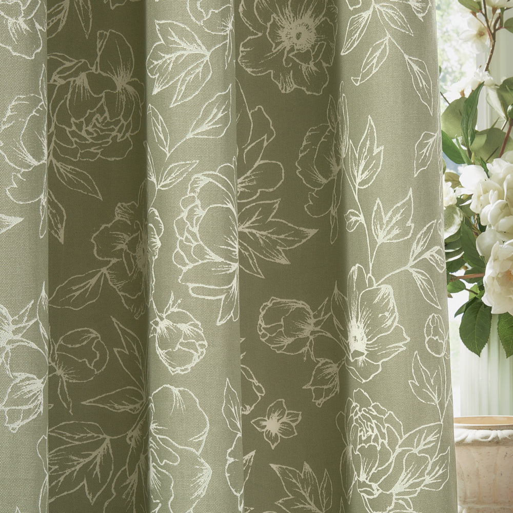 Bella Floral 100% Cotton Lined Pencil Pleat Curtains Sage