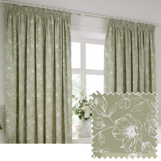 Bella Floral 100% Cotton Lined Pencil Pleat Curtains Sage