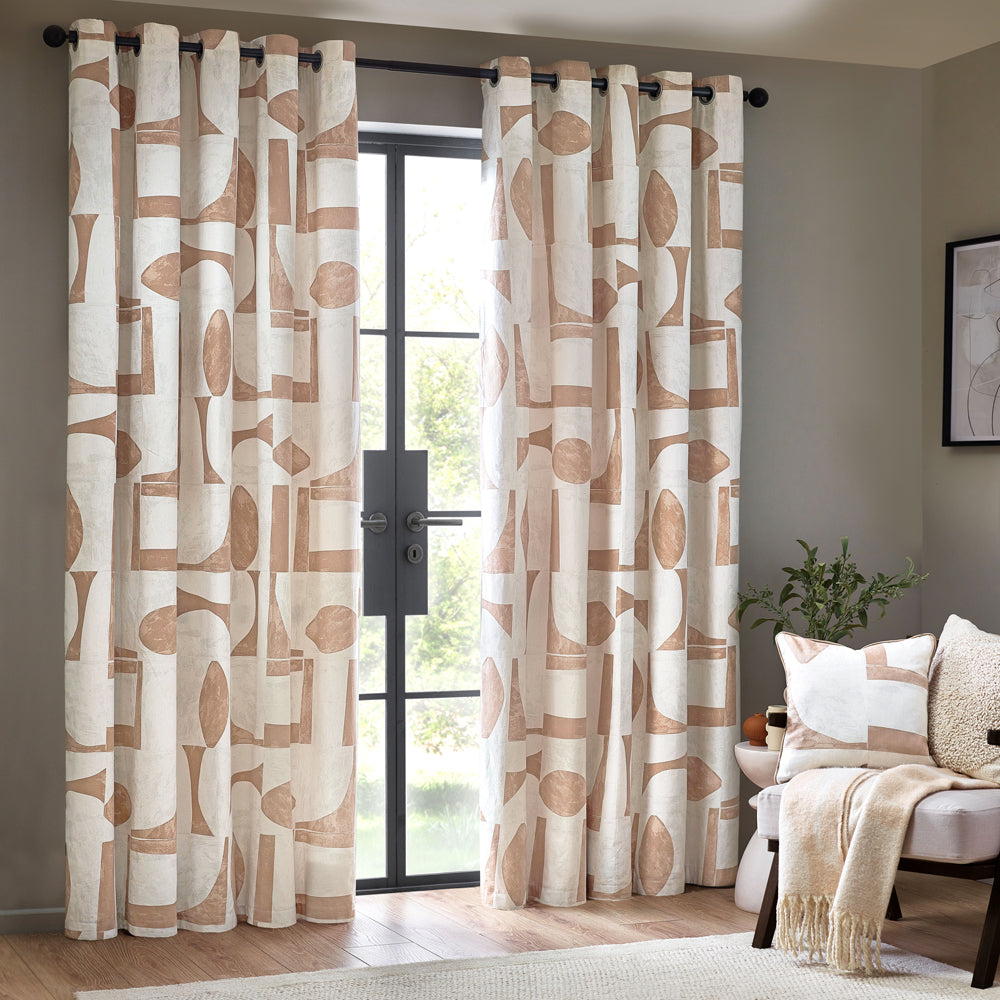 Carro Abstract 100% Cotton Lined Curtains Clay
