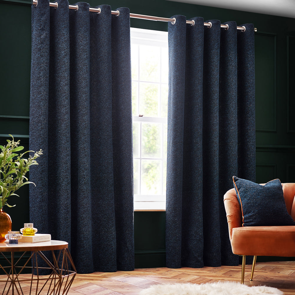 Galaxy Chenille Room Darkening Eyelet Curtains Navy