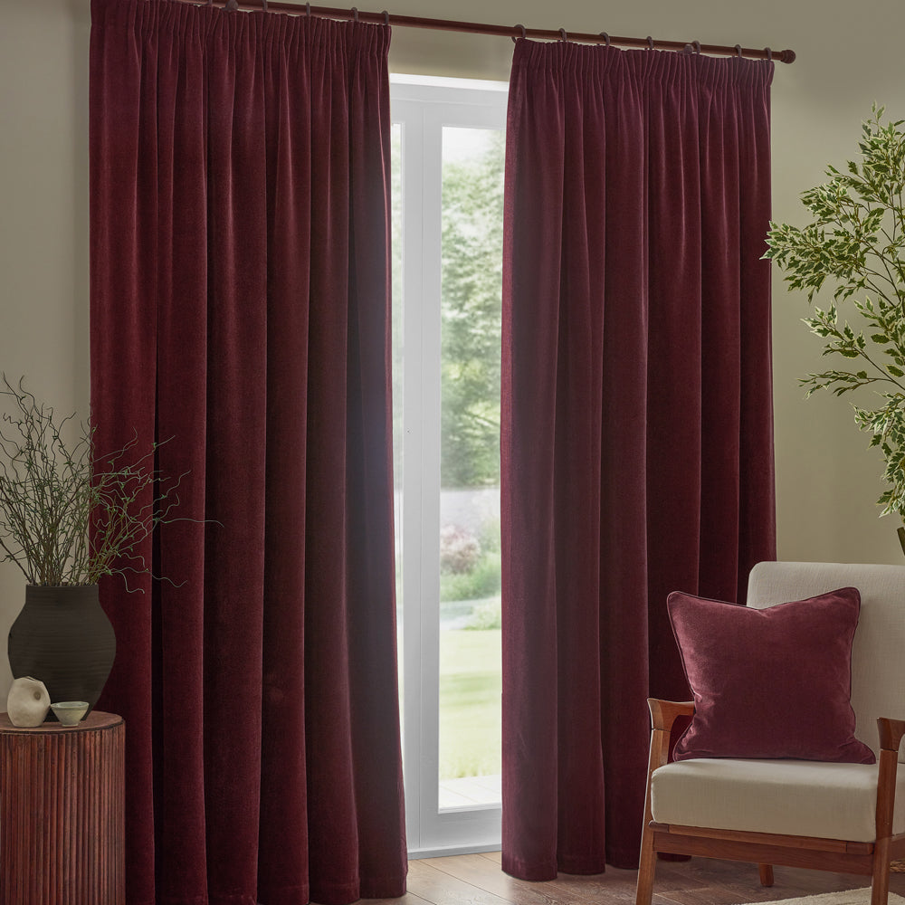 Heavy Chenille Velvet Room Darkening Pencil Pleat Curtains Beetroot