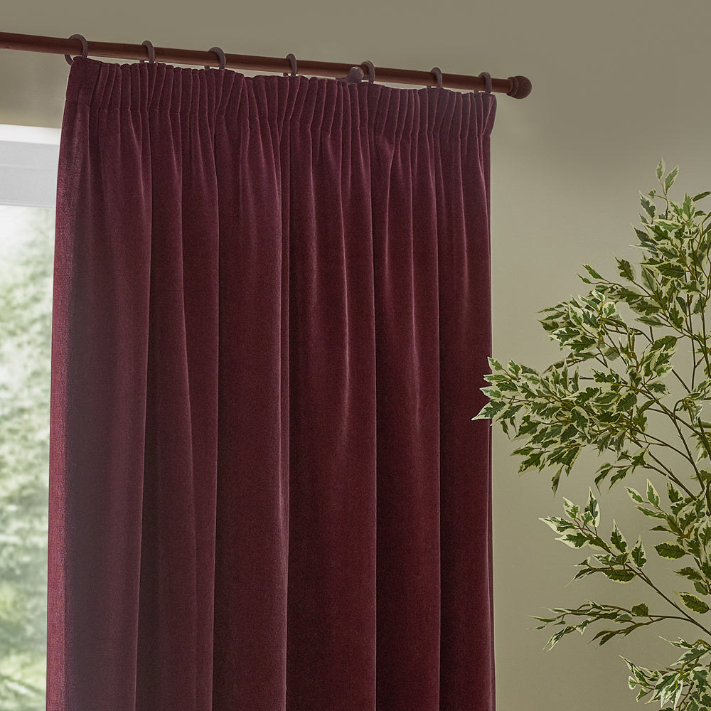 Heavy Chenille Velvet Room Darkening Pencil Pleat Curtains Beetroot