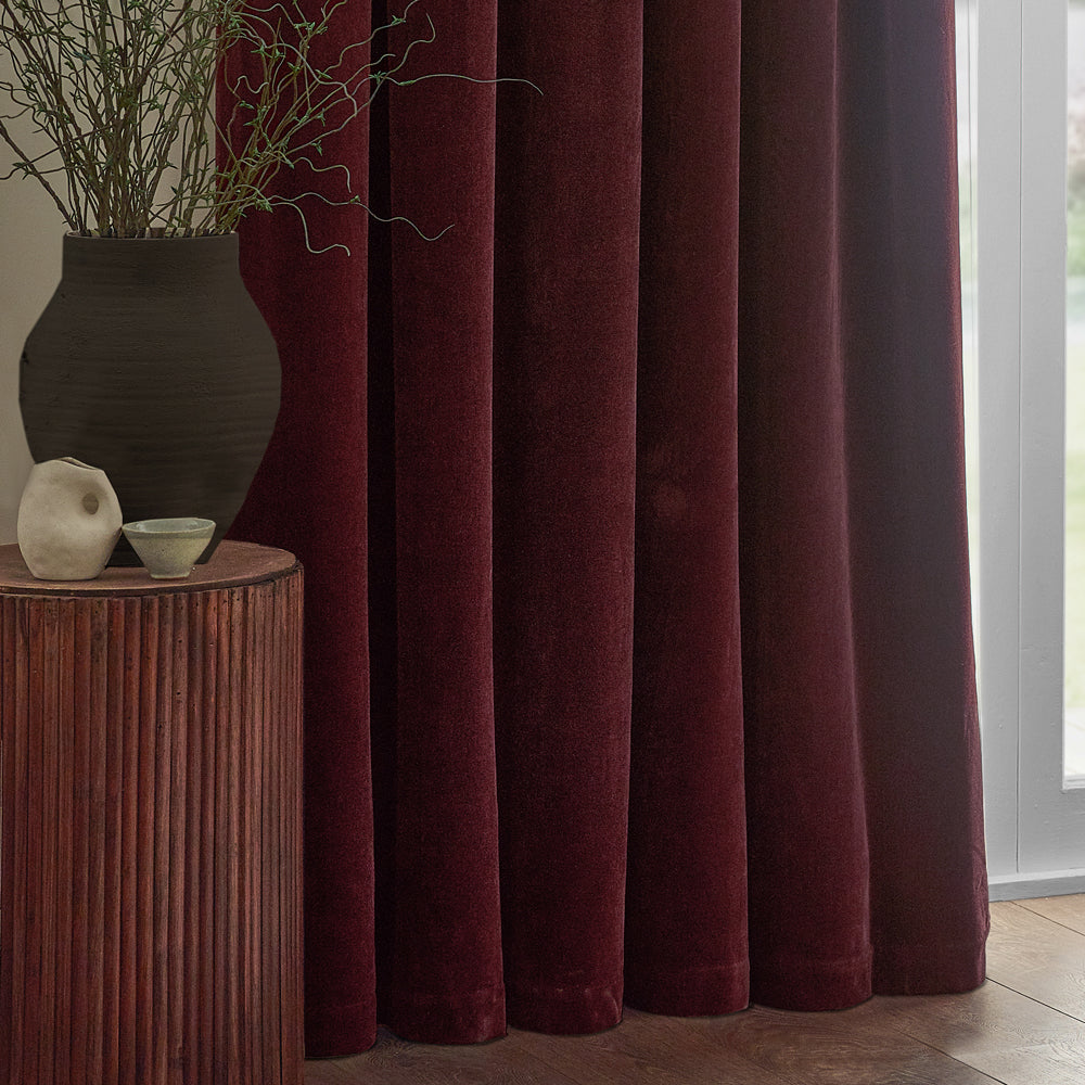 Heavy Chenille Velvet Room Darkening Pencil Pleat Curtains Beetroot