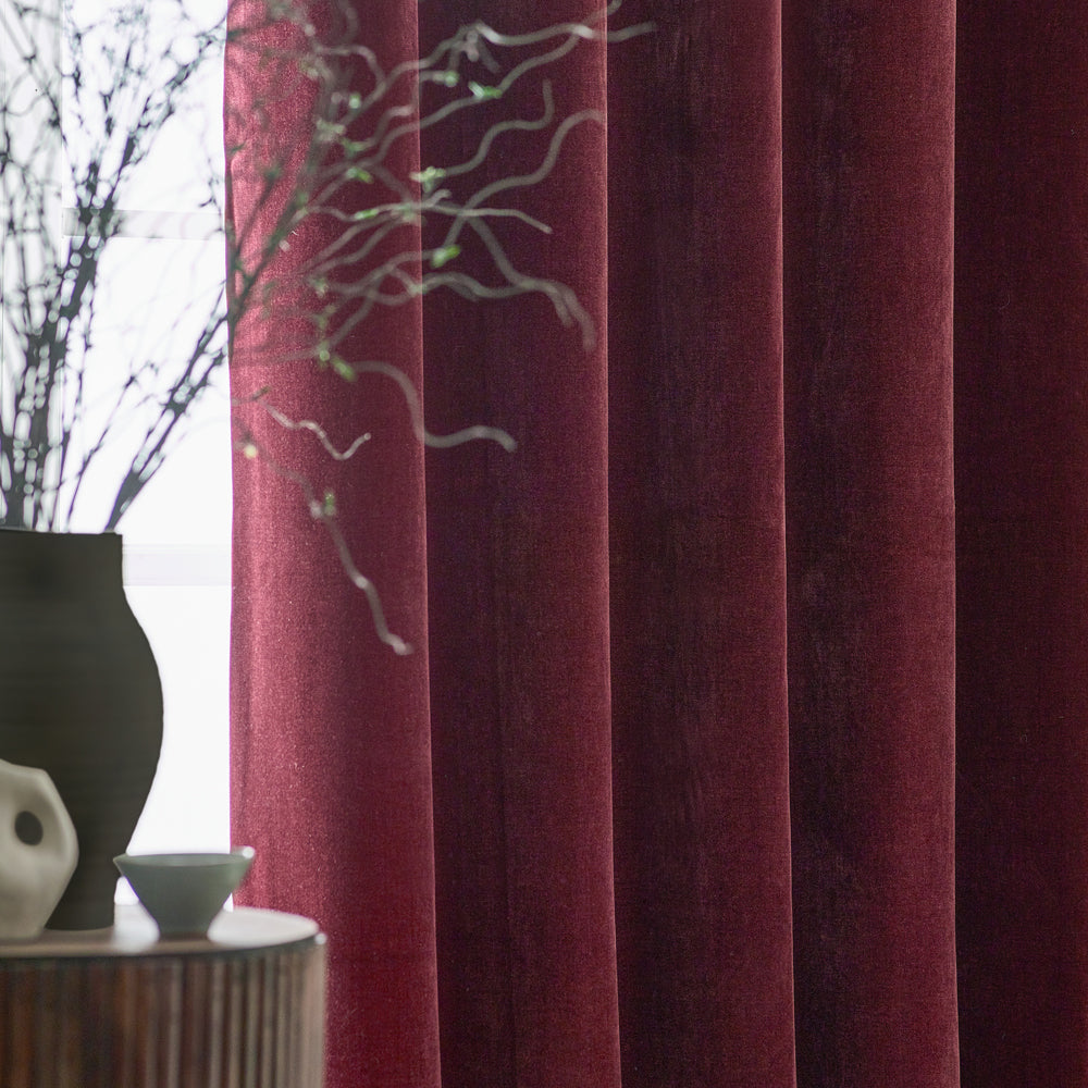 Heavy Chenille Velvet Room Darkening Pencil Pleat Curtains Beetroot