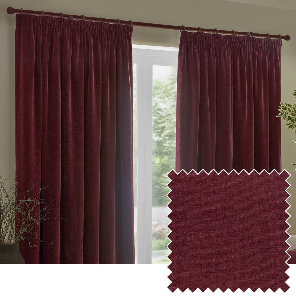 Heavy Chenille Velvet Room Darkening Pencil Pleat Curtains Beetroot