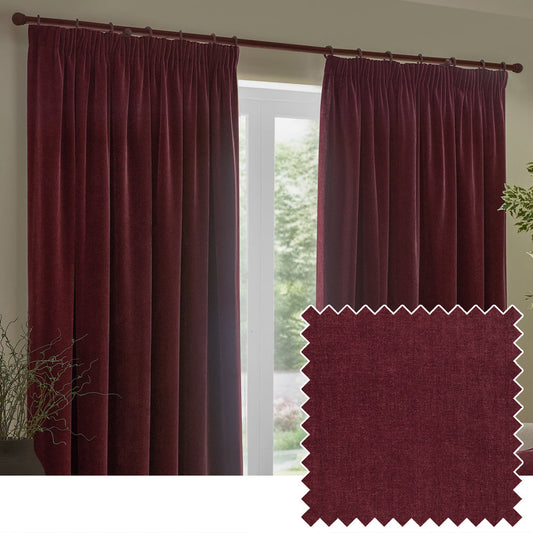 Heavy Chenille Velvet Room Darkening Pencil Pleat Curtains Beetroot