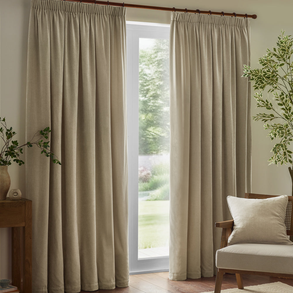 Heavy Chenille Velvet Room Darkening Pencil Pleat Curtains Linen