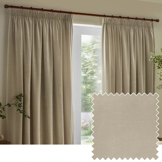 Heavy Chenille Velvet Room Darkening Pencil Pleat Curtains Linen
