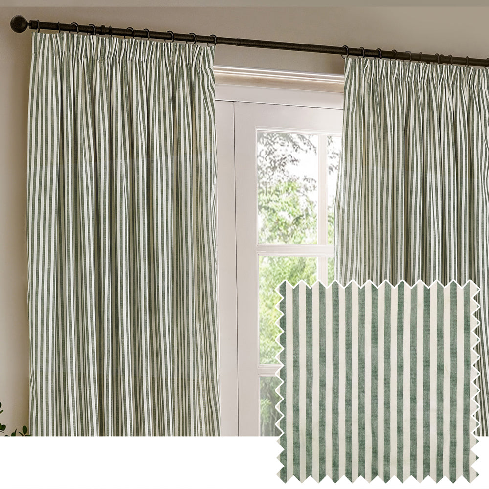 Hebden Striped 100% Cotton Lined Pencil Pleat Curtains Forest Green