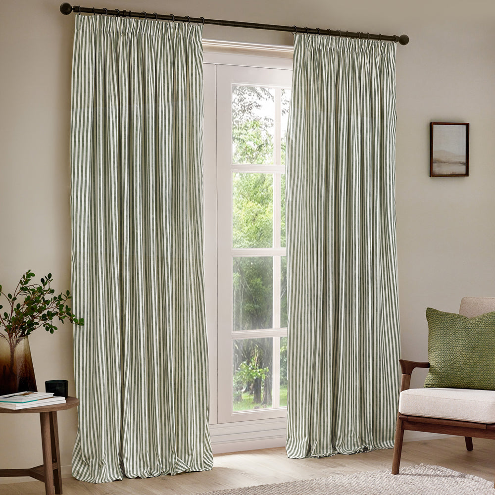Hebden Striped 100% Cotton Lined Pencil Pleat Curtains Forest Green