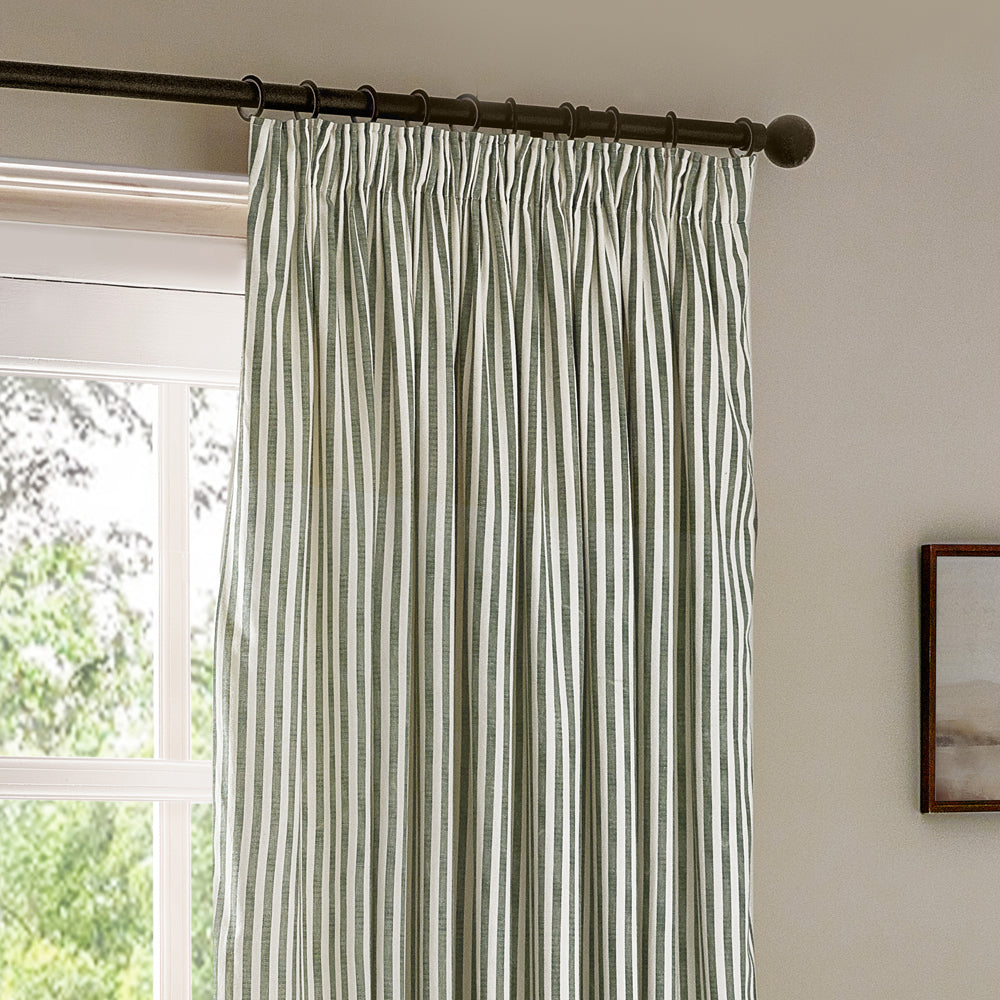 Hebden Striped 100% Cotton Lined Pencil Pleat Curtains Forest Green