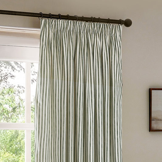 Hebden Striped 100% Cotton Lined Pencil Pleat Curtains Forest Green