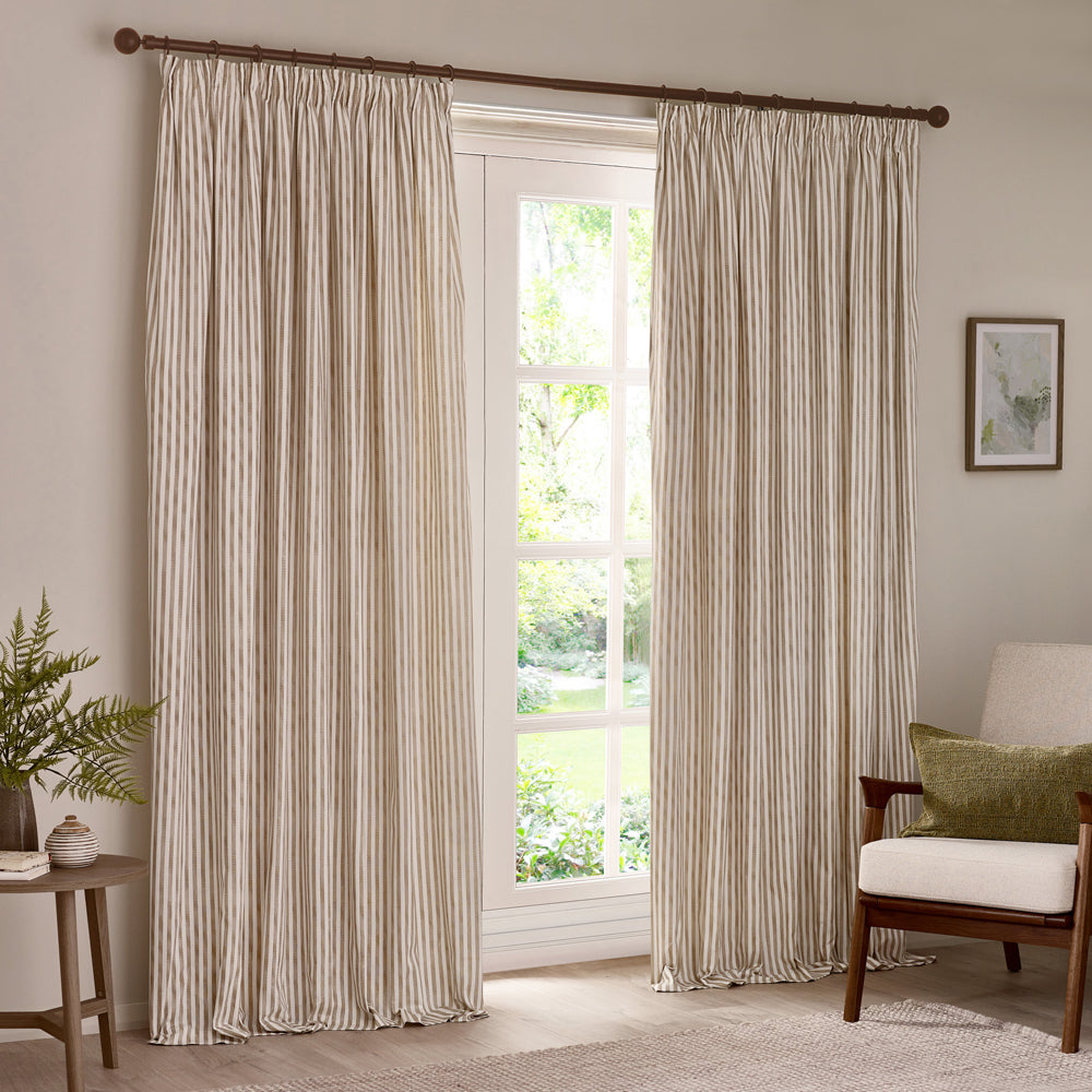 Hebden Striped 100% Cotton Lined Pencil Pleat Curtains Natural