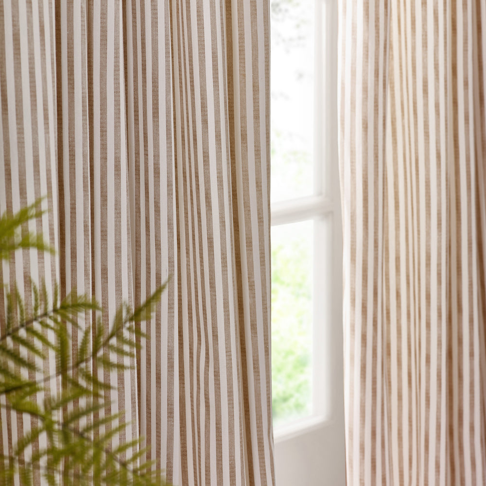 Hebden Striped 100% Cotton Lined Pencil Pleat Curtains Natural