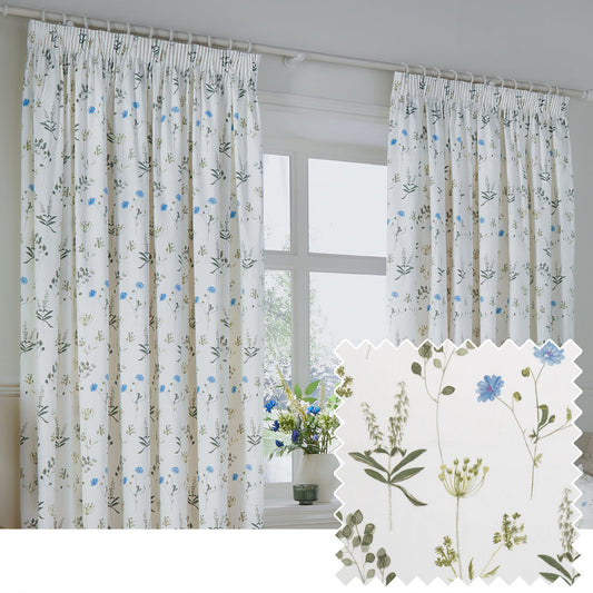 Meadow Floral 100% Cotton Lined Pencil Pleat Curtains White/Cornflower
