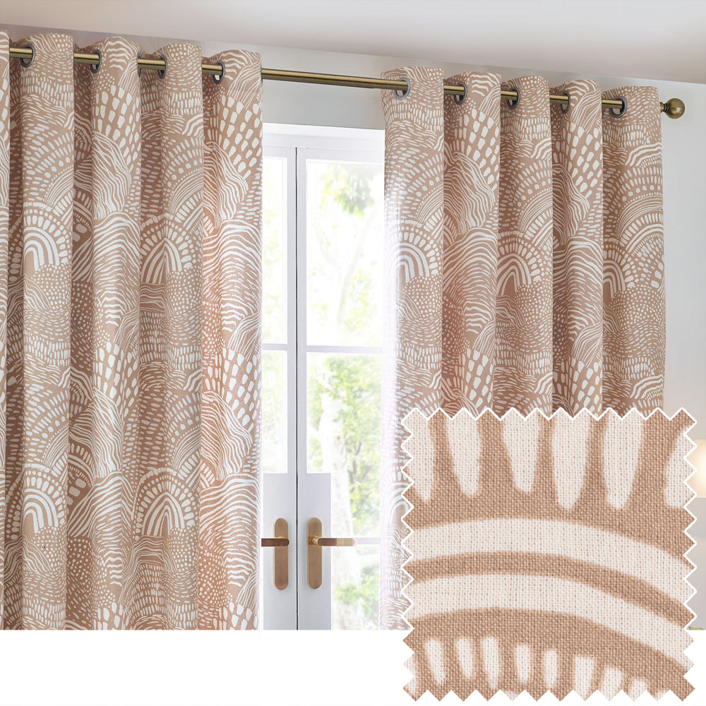 Nola Abstract 100% Cotton Lined Curtains Oat