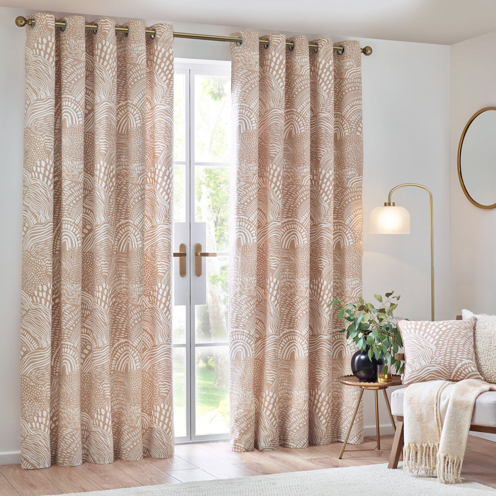 Nola Abstract 100% Cotton Lined Curtains Oat