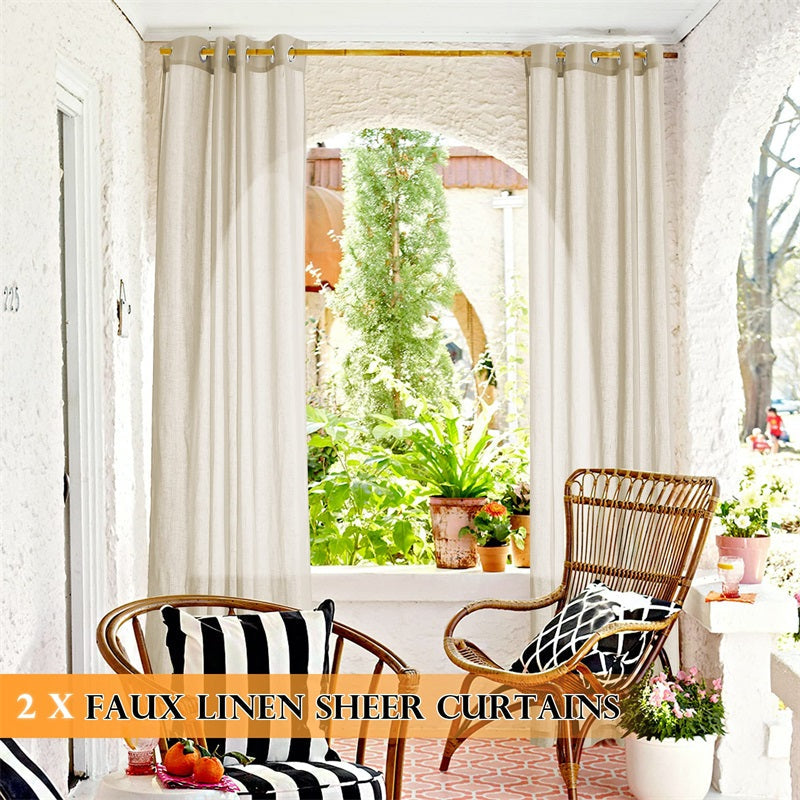 Outdoor Grommet Faux Linen Sheer Curtains for Patio 2 Panels