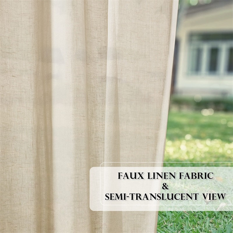 Outdoor Grommet Faux Linen Sheer Curtains for Patio 2 Panels
