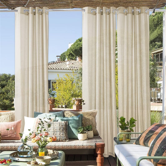 Outdoor Grommet Faux Linen Sheer Curtains for Patio 2 Panels