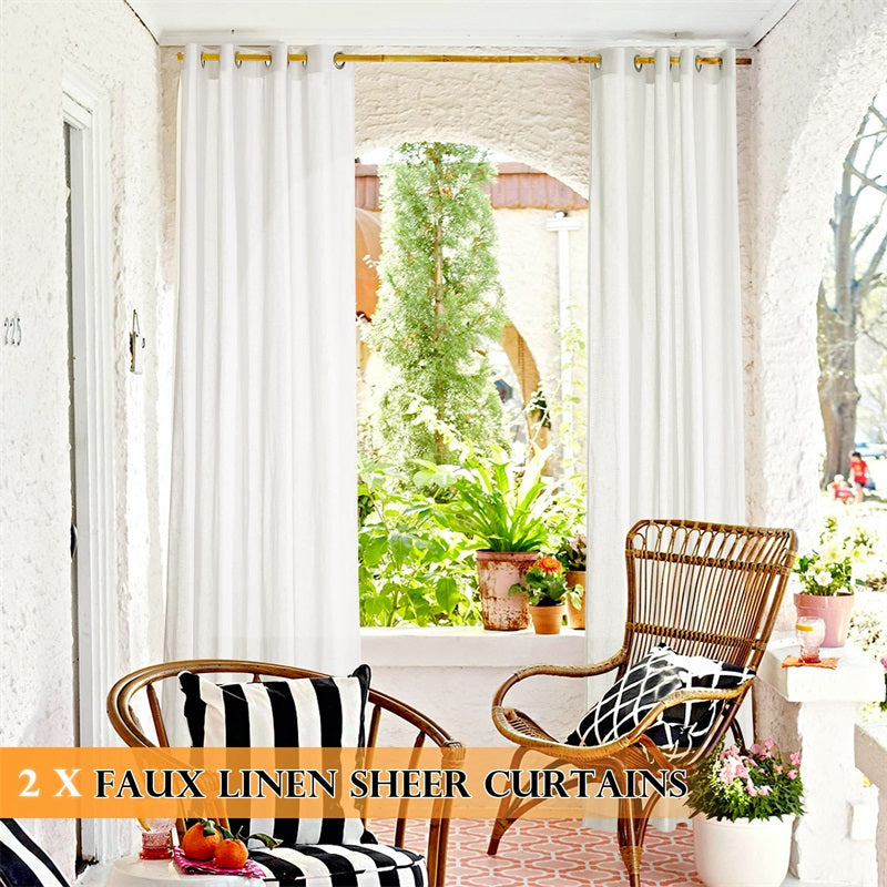 Outdoor Grommet Faux Linen Sheer Curtains for Patio 2 Panels