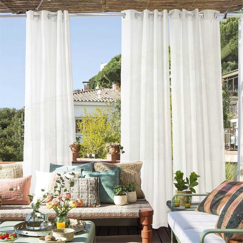Outdoor Grommet Faux Linen Sheer Curtains for Patio 2 Panels