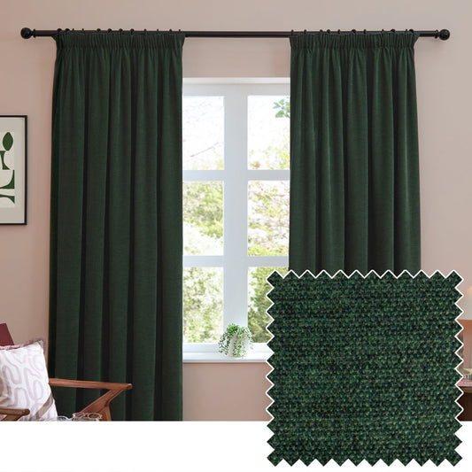 Soft Chenille Blackout Pencil Pleat Curtains Bottle Green