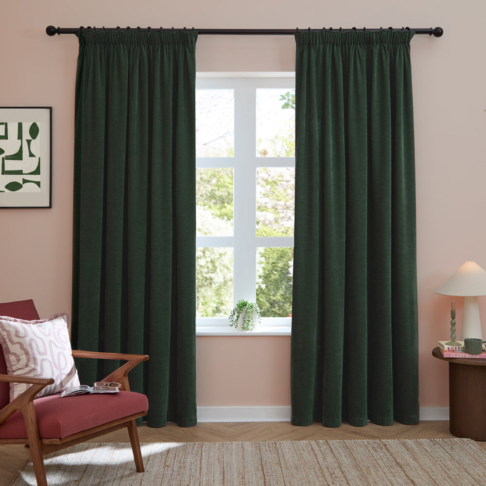 Soft Chenille Blackout Pencil Pleat Curtains Bottle Green