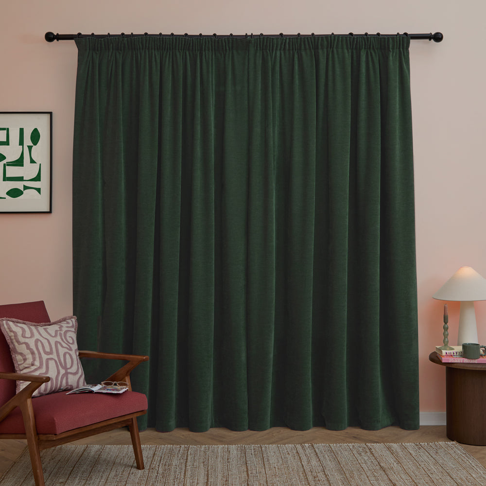Soft Chenille Blackout Pencil Pleat Curtains Bottle Green
